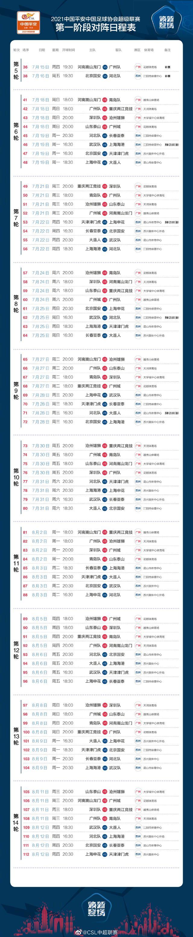 leyu-中超第6-14轮最新赛程公布 3天1赛考验诸强